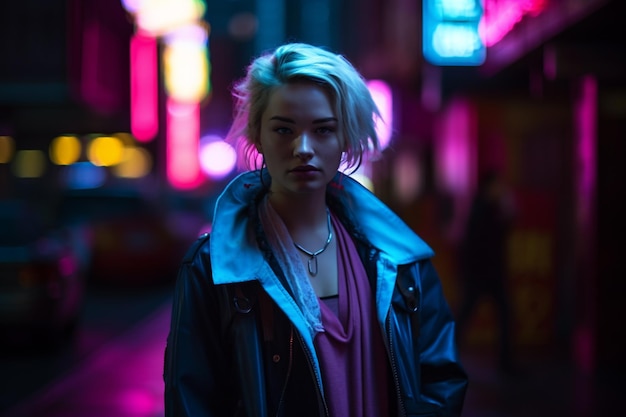 A woman stands in a dark street with neon signs in the background.