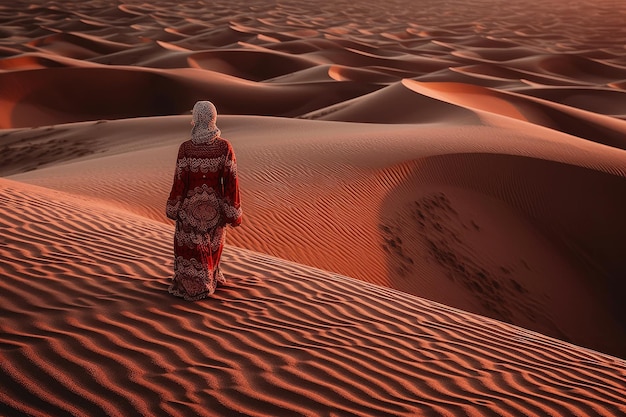 A woman stands in the desert, with the sun setting behind her.