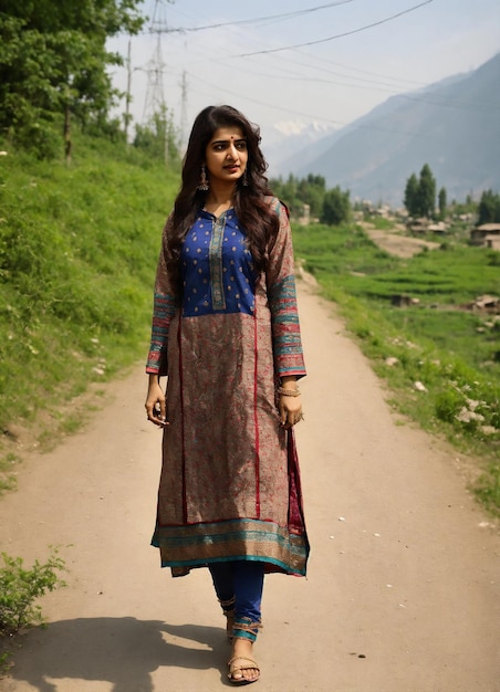 a woman stands on a dirt road in front of a mountain