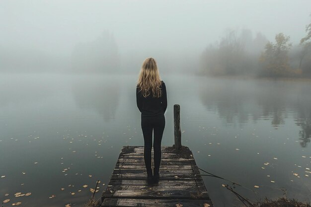 Photo a woman stands on a dock in the fog