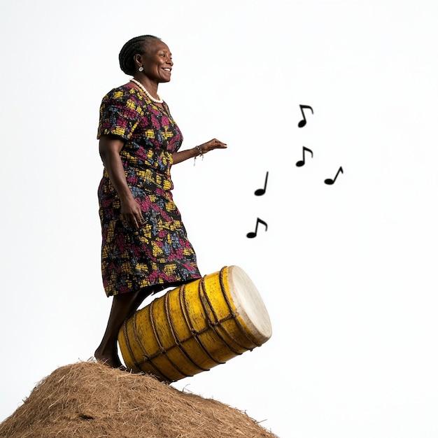 a woman stands on a drum with music notes in the background