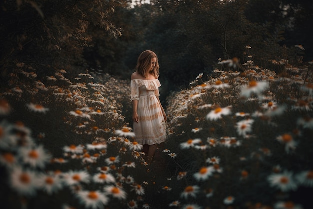 A woman stands in a field of daisies.