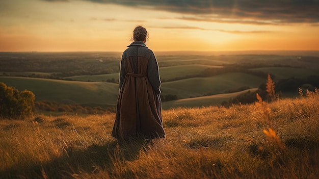 A woman stands in a field looking at a sunset