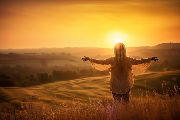 A woman stands in a field with her arms outstretched to the sky.