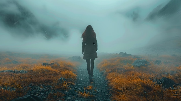 Photo a woman stands in a foggy area with a black coat and a long black coat