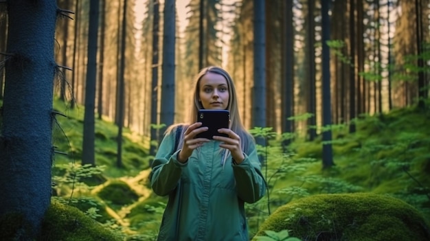 A woman stands in a forest, holding a tablet.