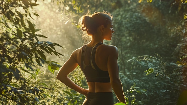 Photo a woman stands in the forest with the sun shining through the trees