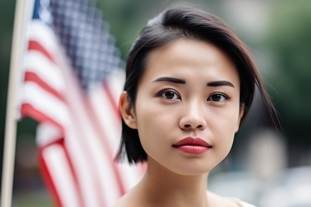 A woman stands in front of an american flag