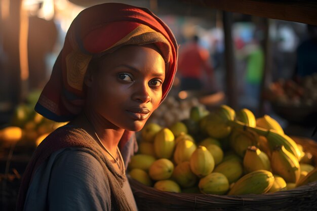 A woman stands in front of a basket of mangoes.