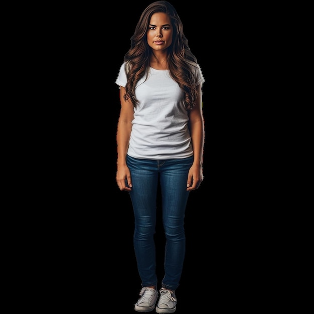 a woman stands in front of a black background with a white shirt that says  shes a model