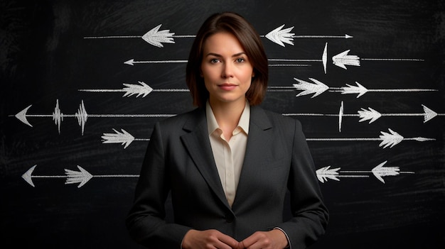 Photo a woman stands in front of a blackboard with arrows pointing to the right