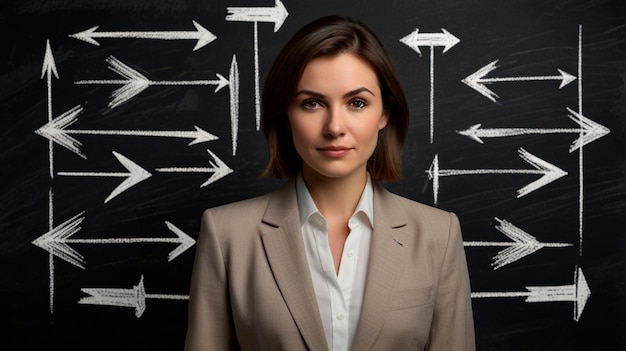 Photo a woman stands in front of a blackboard with arrows pointing to the right