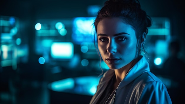 A woman stands in front of a blue light