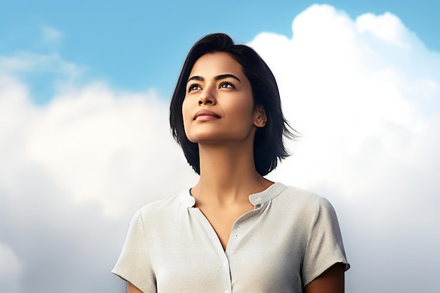 A woman stands in front of a blue sky and looks up into the sky.