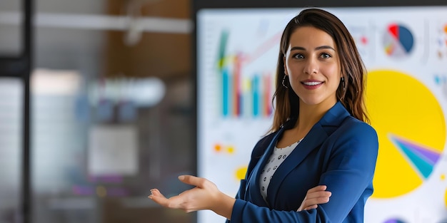 a woman stands in front of a board with her hands in the air