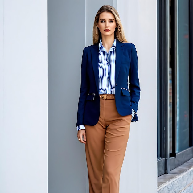 Photo a woman stands in front of a building with a blue blazer