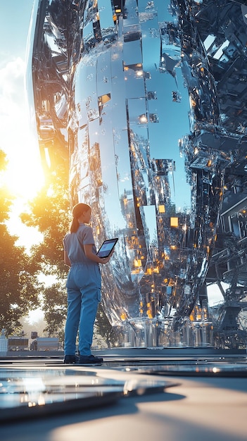 a woman stands in front of a building with a digital tablet