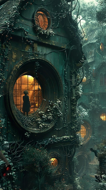 a woman stands in front of a building with a window that says  the story of a fairy tale