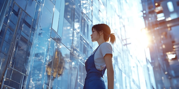 Photo a woman stands in front of a building with a window that says quot the world quot