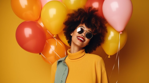 A woman stands in front of a bunch of balloons