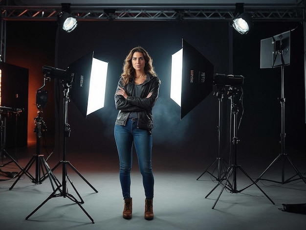 Photo a woman stands in front of a camera with a camera on the bottom