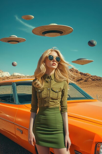 a woman stands in front of a car with a car with a bunch of ufos above her head