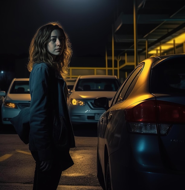 A woman stands in front of a car with the word bmw on the side.