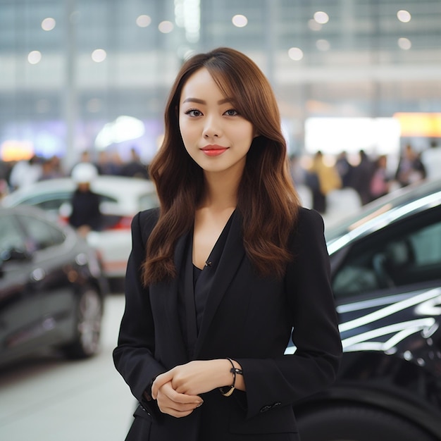 A woman stands in front of a car with the word " on it. "