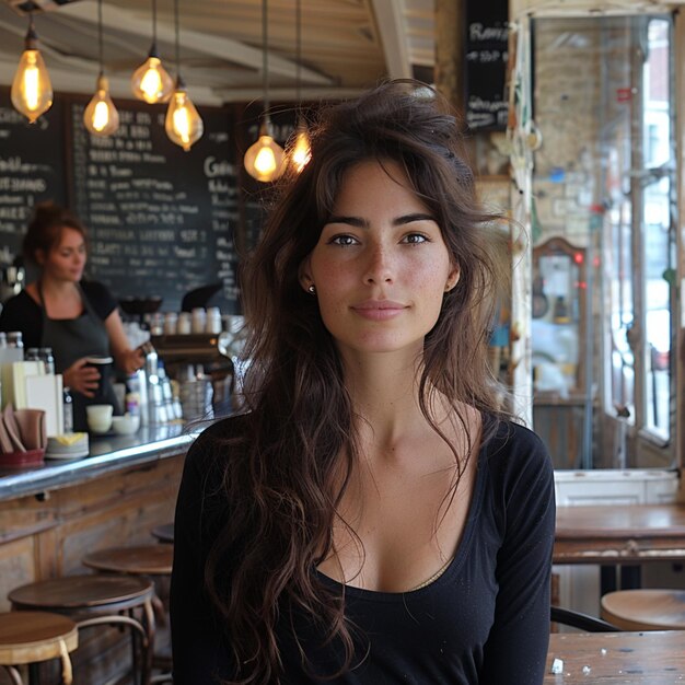 a woman stands in front of a chalkboard that says  menus