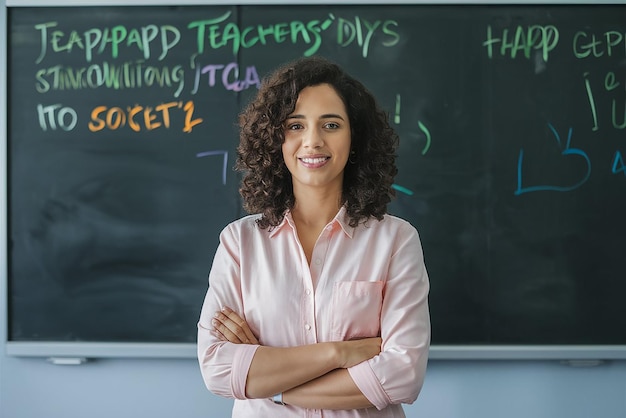 a woman stands in front of a chalkboard that says quot teachers school quot