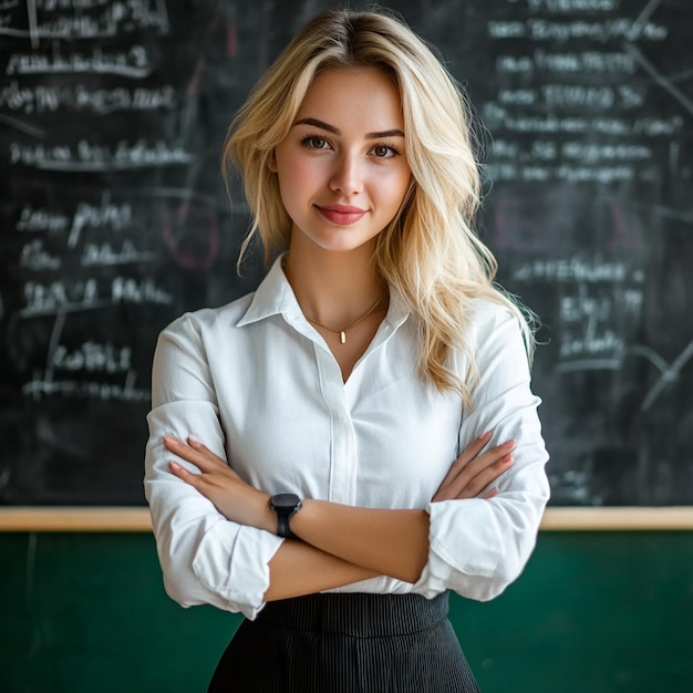 Photo a woman stands in front of a chalkboard with the words  no  on it