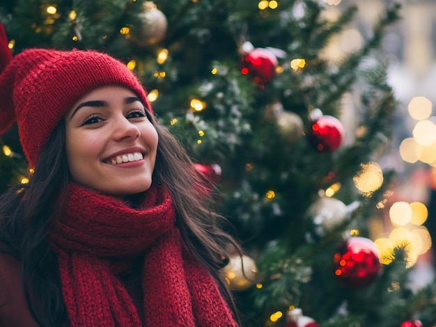 Photo a woman stands in front of a christmas tree enjoying the festive atmosphere