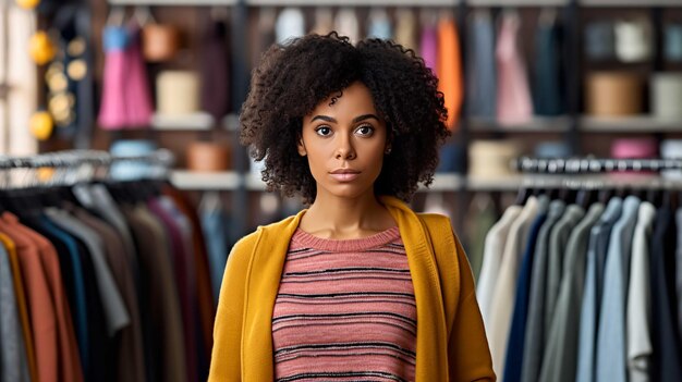 A woman stands in front of a clothing store.