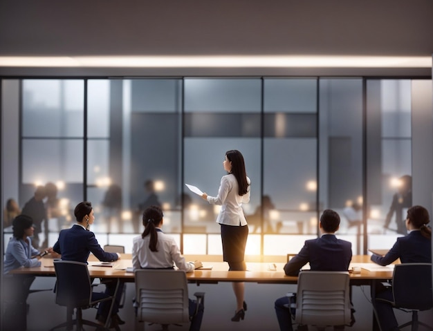 a woman stands in front of co workers in office