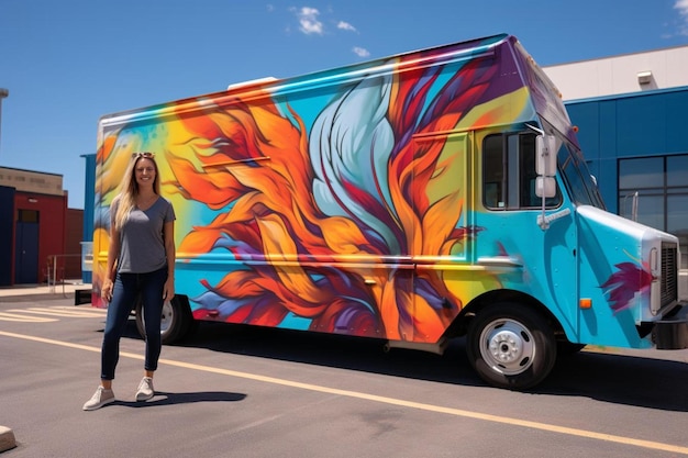 a woman stands in front of a colorful food truck