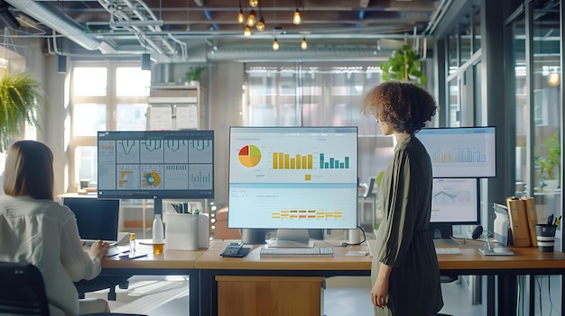 a woman stands in front of a computer monitor that says quot graph quot