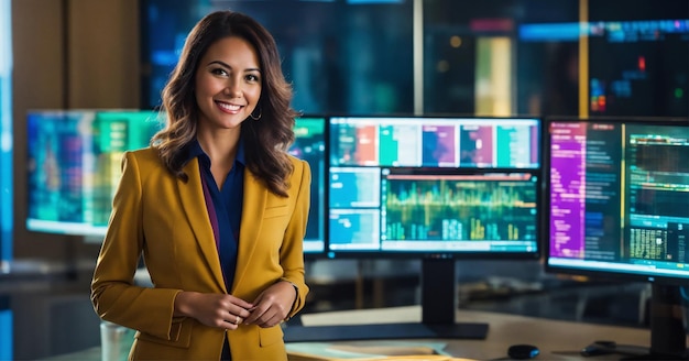 a woman stands in front of a computer screen with a colorful background