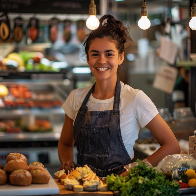 a woman stands in front of a counter full of food