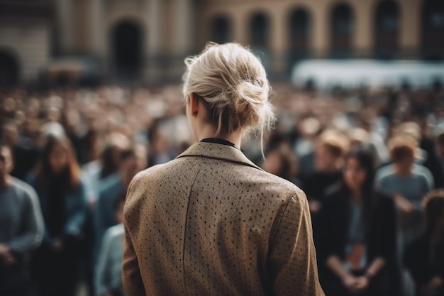 A woman stands in front of a crowd of people.