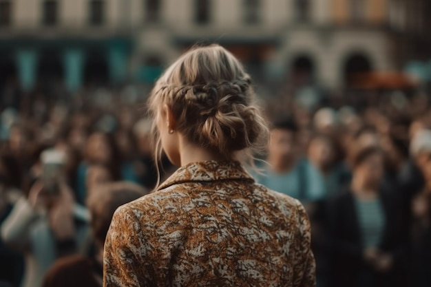 A woman stands in front of a crowd of people.