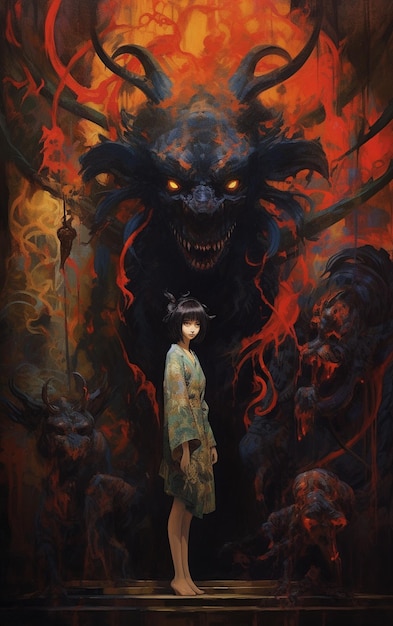 A woman stands in front of a demon with the words " the word demon " on the cover.