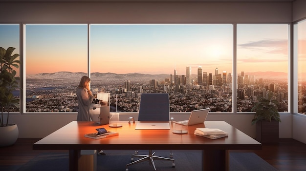 A woman stands in front of a desk with a view of the city skyline.