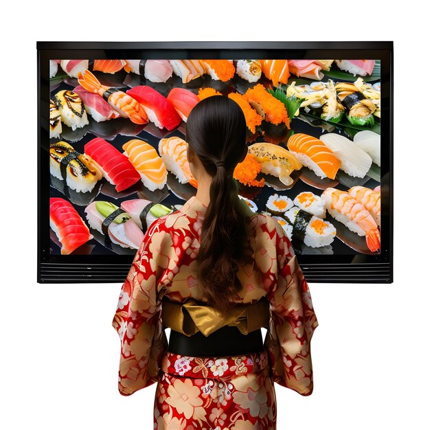 Photo a woman stands in front of a digital menu board showcasing sushi dishes in a japanese restaurant