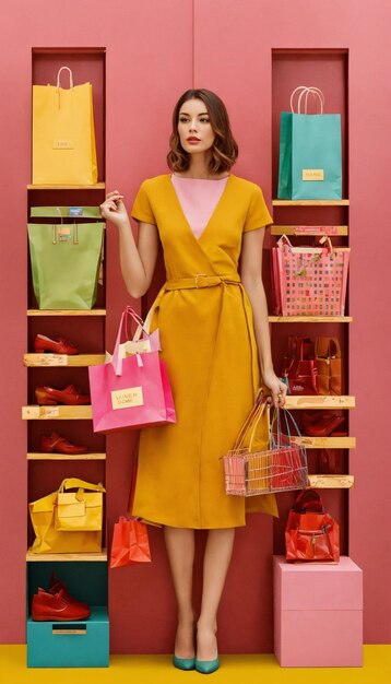 a woman stands in front of a display of colorful bags