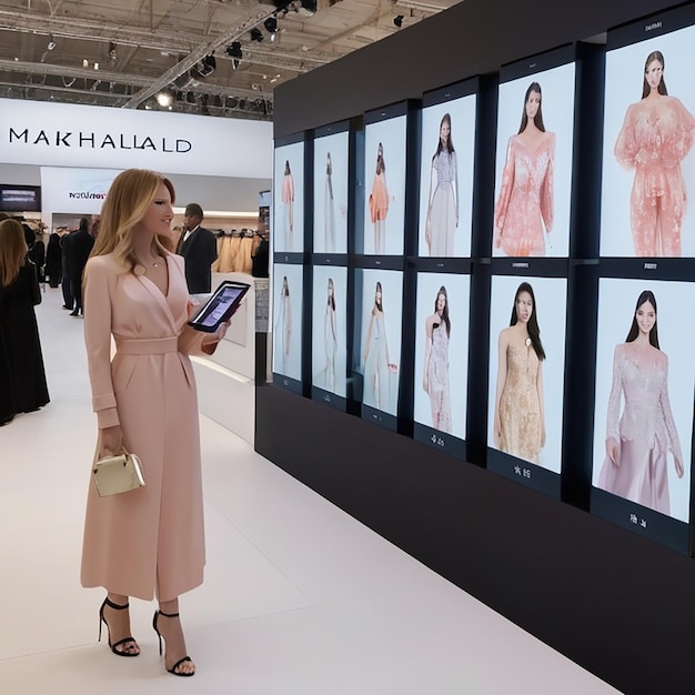 a woman stands in front of a display of dresses that say  celebra