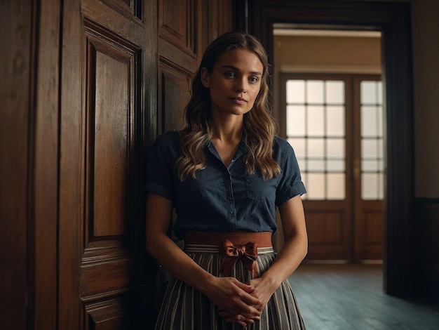 Photo a woman stands in front of a door with a bow on it