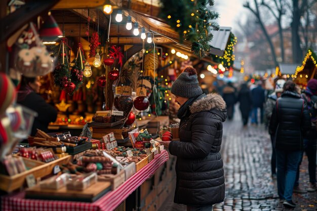 A woman stands in front of a festive Christmas market filled with vendors selling holiday treats and gifts A bustling Christmas market filled with vendors selling handmade crafts and treats