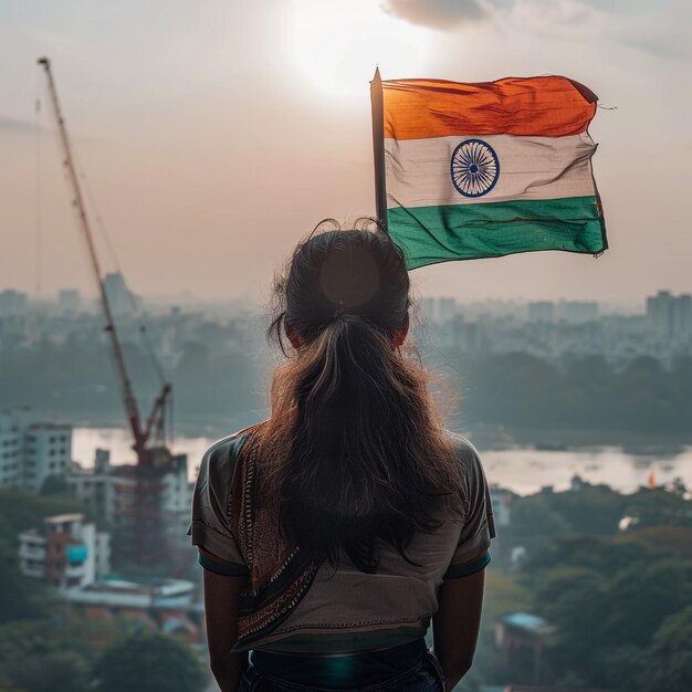 a woman stands in front of a flag that has the state flag on it