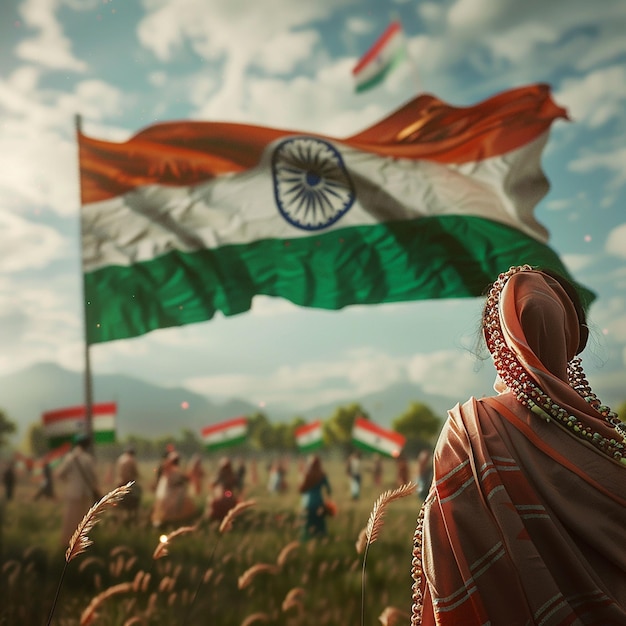 Photo a woman stands in front of a flag with the word indian on it