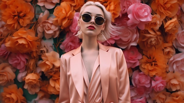 A woman stands in front of a flower wall